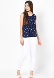 Navy Blue Color Casual Sleeveless Polyester Round Neck Star Print Top