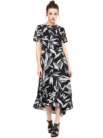 Latest Casual Black Leaf Print Georgette Midi Dress For Women