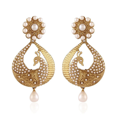 White Gold Plated Peacock Shaped Pearl Dangler & Drop Earring For Women