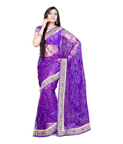 Designer Net Sarees Purple Color Floral Embroidery Work Net Saree For Women