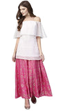 Crop Top With Long Skirt Set - Off Shoulder Blouse with Pink Brocade Like Skirt