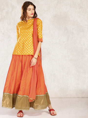 Designer Short Kurta With Skirt Yellow & Orange Printed Kurti with Skirt & Dupatta Set For Women