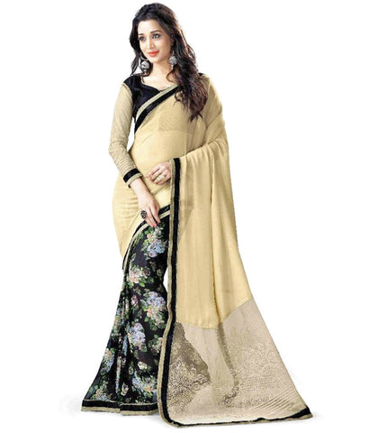 Party wear Net Saree Black & Beige Color Designer Net Sarees With Digital Print & Lace Border Work