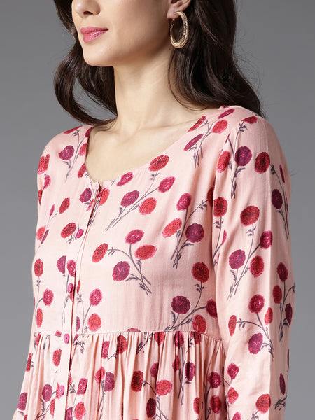 Ethnic Kurtis Peach Floral Print A Line Kurta Front Open Kurti