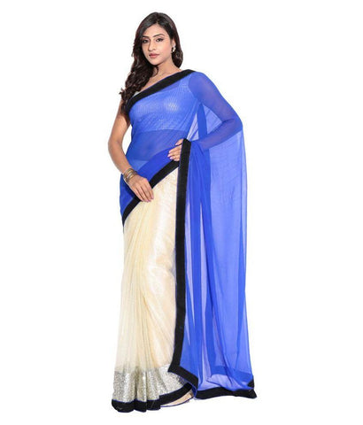 Designer Net Sarees Blue & Cream Color Plain Border & Lace Work Net Saree For Women