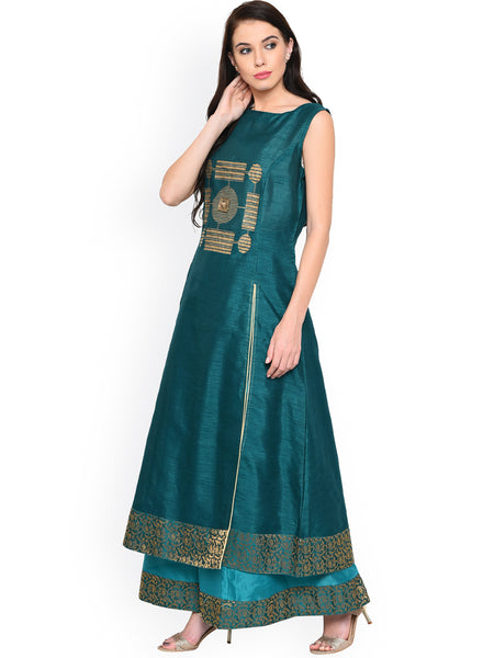 Plazo Salwar Suits Teal Self Design Long Kurtas With Palazzo Suits