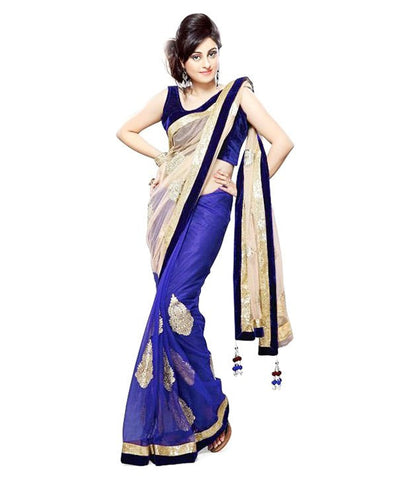 Women's Net Blue Color Faux Georgette Embroidered Designer Net Saree With Blouse Piece