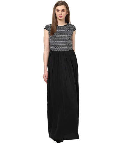 Designer Partywear Black Maxi Dress Polyester Maxi Dress For Women With Lura Print