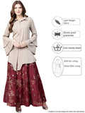 Top With Long Skirt Set - Indowestern Beige & Maroon Shirt With Skirt Set