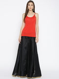 Women Red & Black Solid Kurta with Skirt Red Straight Calf Length Kurta Skirt Set