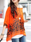New Fashion Style Tops Casual Flower Print Orange Chiffon Blouse Top