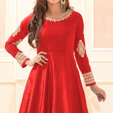 Festival Wear Red Banarasi Silk Floor Length Anarkali Suit