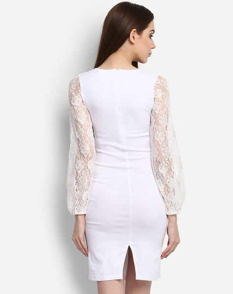 White Lace Sleeve Shirred Bodycon Dress