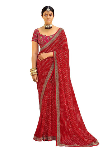 Women's Bandhani Printed Georgette Saree with Embroidered Border