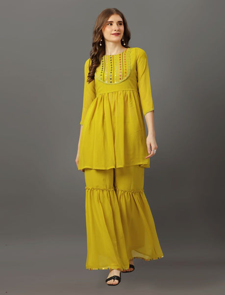 Festive Wear Designer Lemon Yellow Kurta and Sharara Set with Mirror Work