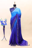 Eid Special Blue Color Pure Satin Saree With Embroidery Work Saree