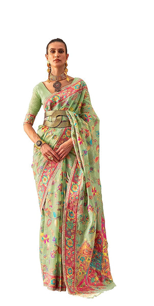Women's Patola Silk Green Saree with vibrant Flower Print