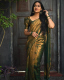 Women's Designer Organza Silk Green Saree With Antique REAL Zari Patterns