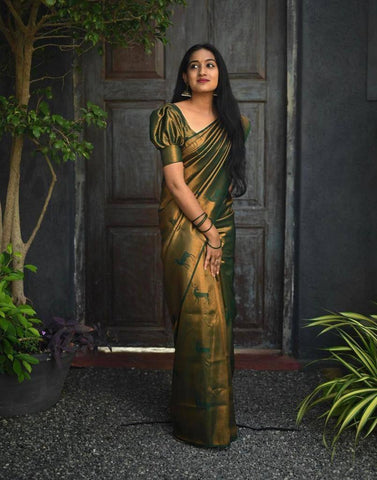 Women's Designer Organza Silk Green Saree With Antique REAL Zari Patterns