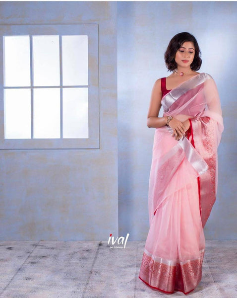 Women's Exclusive Solid Naylon Pink Organza Saree