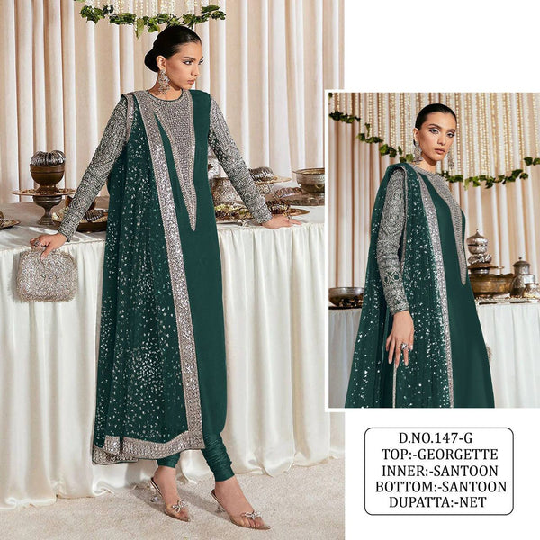 Heavy Embroidery Fox Georgette Designer Pakistani Suit in Green Color