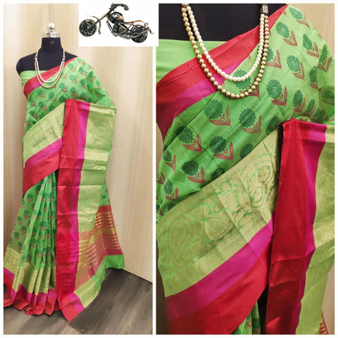 New Designer Green Cotton Silk Saree in Tebal Print & Jacquard Border