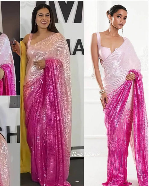Bollywood Style Heavy Georgette Pink Shimmery Sequin Work Saree