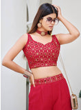 Red Ravishing Top Palazzo Set with Shrug and embroidered work
