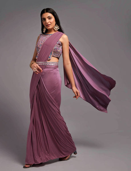 Designer Wild berry Ready to Wear Saree with heavy embroidered blouse and Belt