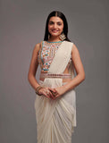 Designer White Ready to Wear Saree with heavy embroidered blouse and Belt