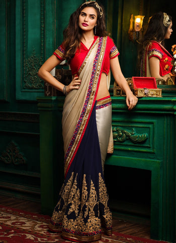 Eid Offers Blue & Silver Colored Designer Pure Satin Saree With Georgette Embroidery Sarees