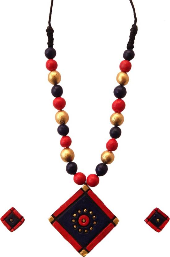 Flower pendant in Gold & Black w/earrings-Terracotta jewelry #31457 | Buy  Terracotta Jewelry Online
