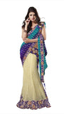 Ethnic Cream And Blue Net Wedding Lahenga Sari With Embroidered Butta And Border Work Bridal Lahenga Saree