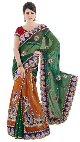 Ethnic Orange And Green Net Wedding Lahenga Sari With Embroidered Butta Border Work Bridal Lahenga Saree