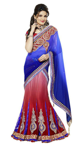 Designer Lehenga Sari Red And Blue Net Bridal Lehenga Saree With Heavy Border Patch Work