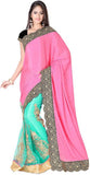Designer Pink And Green Half & Half Lahenga Saree Net Bridal Lehenga Saree With Patch And Border Work