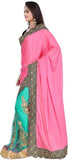 Designer Pink And Green Half & Half Lahenga Saree Net Bridal Lehenga Saree With Patch And Border Work