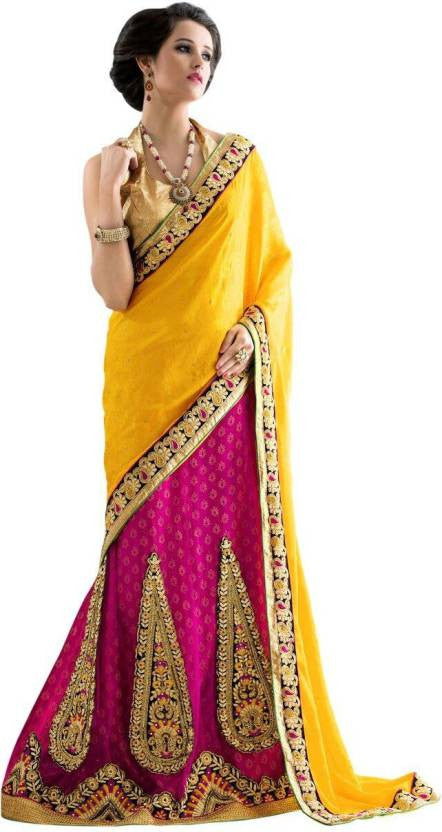 Designer Yellow And Pink Wedding Lehenga Sari With Embroidered Work – Lady  India