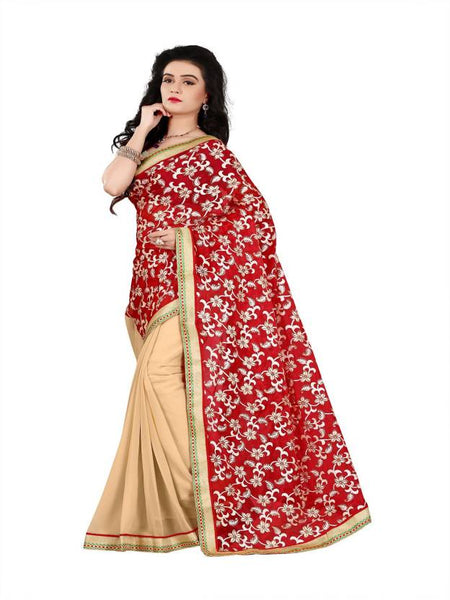 Red & Beige Designer Velvet Sarees Printed Pallu Golden Lace Border Festive Saree