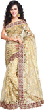 Designer Sarees Beige Self Design, Embellished Bollywood Net Sari With Blouse Piece