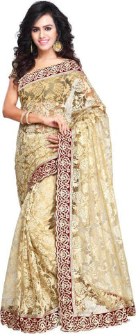 Designer Sarees Beige Self Design, Embellished Bollywood Net Sari With Blouse Piece