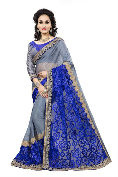 Designer Embroidered Blue & Grey Half n Half Self Lace Border Design Bollywood Net Sari