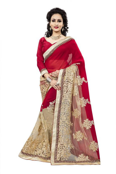Designer Embroidered Red & Cream Half n Half Self Design Georgette Net Sari