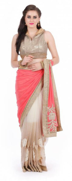 Designer Pink & Beige Color Embroidered, Embellished Fashion Chiffon, Half n Half Party Wear Net Sari