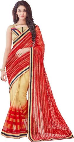 Designer Embroidered Fashion Red & Beige Net Sari Half n Half Net Saree