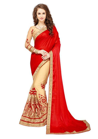 Designer Red & Beige Color Half n Half Heavy Embroidered, Embellished Fashion Silk, Net Saree