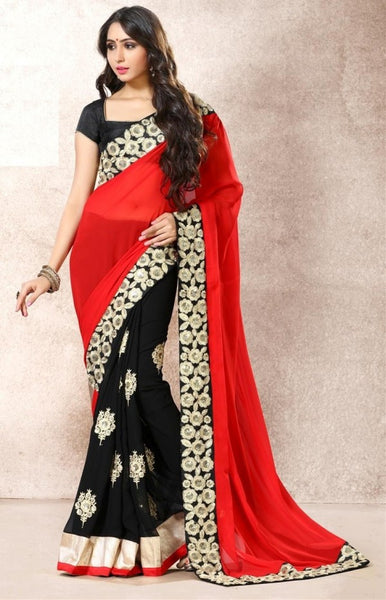 Partywear Red & Black Faux Georgette Heavy Embroidered Zari And Sequin Work 22538 Partywear Saree