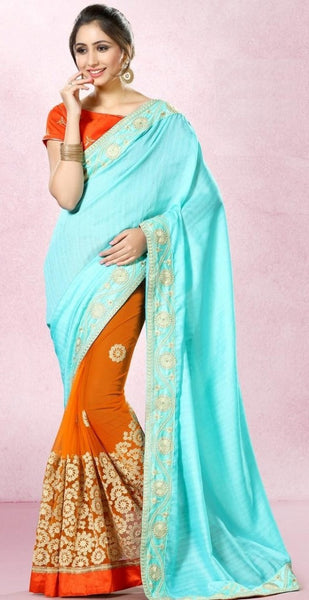 Designer Sky Blue & Orange Colored Pure Bhagalpuri Silk With Zari And Resham Embroiderey 22539 Partywear Saree
