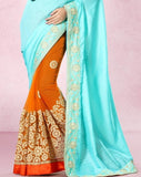 Designer Sky Blue & Orange Colored Pure Bhagalpuri Silk With Zari And Resham Embroiderey 22539 Partywear Saree