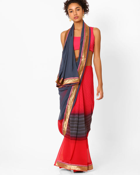 Designer Stripes Pattern Red & Grey Color Georgette Saree with Golden Border